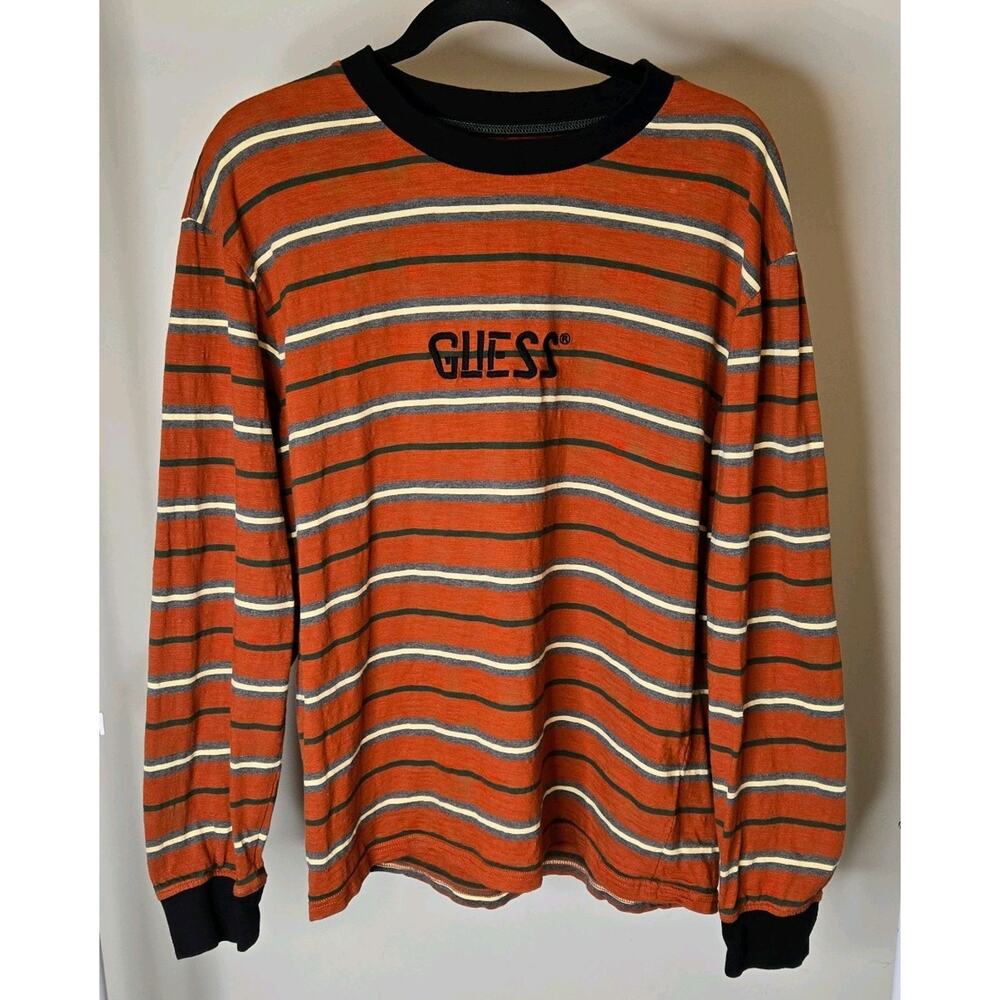 GUESS 1990s Vintage Y2K Crewneck Long Sleeve T-Shirt Striped, Size M
